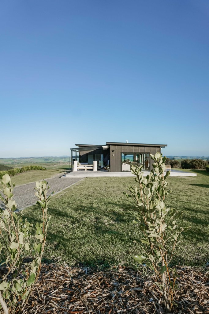 Griselinia shrubs in the foreground, with a green lawn and riverstone path leading to a modern black house surrounded by wooden decks, against a blue sky.